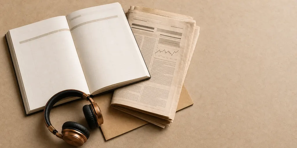 Un calendrier économique ouvert, des feuillets financiers et un casque audio.